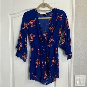 Express Blue and Orange Ruffled Bell Sleeve Jumpsuit